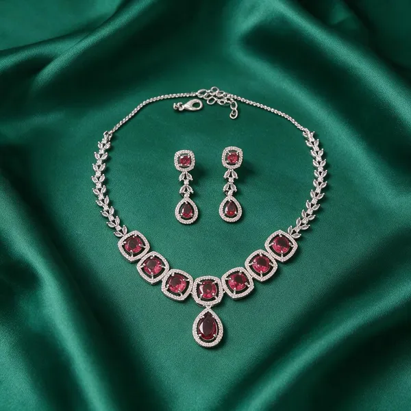 Silver_Tone_Red_Stone_Necklace_And_Earrings_Set