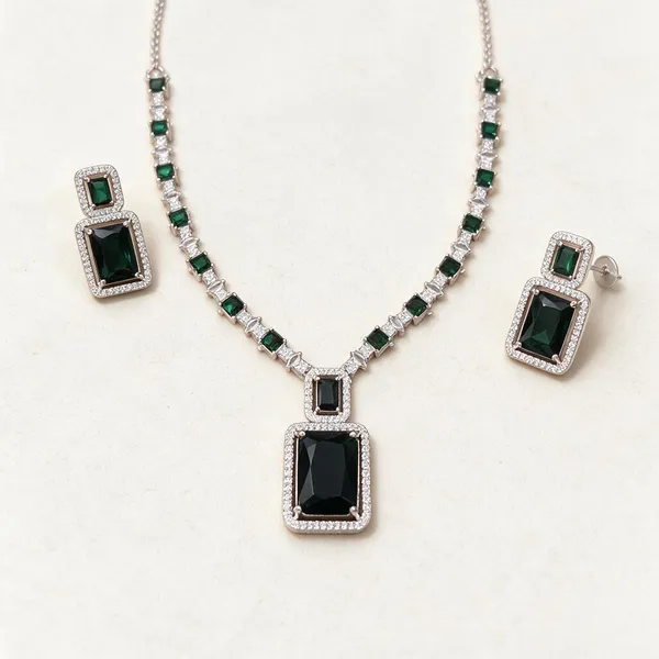 Silver_Tone_Stone_Necklace_And_Earrings_Set_For_Women
