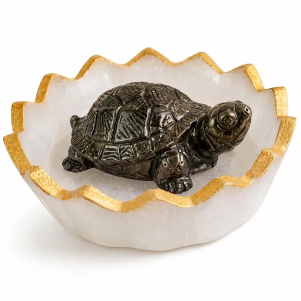 Pyrite_Tortoise_Figurine_With_Selenite_Plate