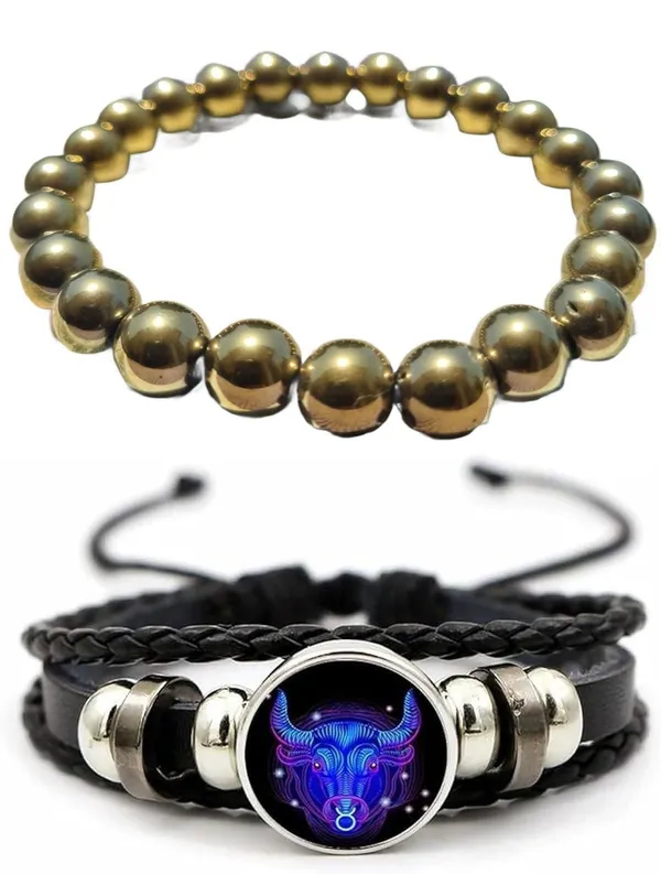 Multiagate_Golden_Pyrite,_Leather_Bracelet_Set_(Pack_of_2)