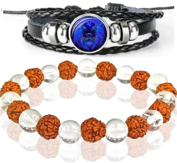 Multiagate_Rudraksha,_Clear_Quartz,_Leather_Bracelet_Set_(Pack_of_2)