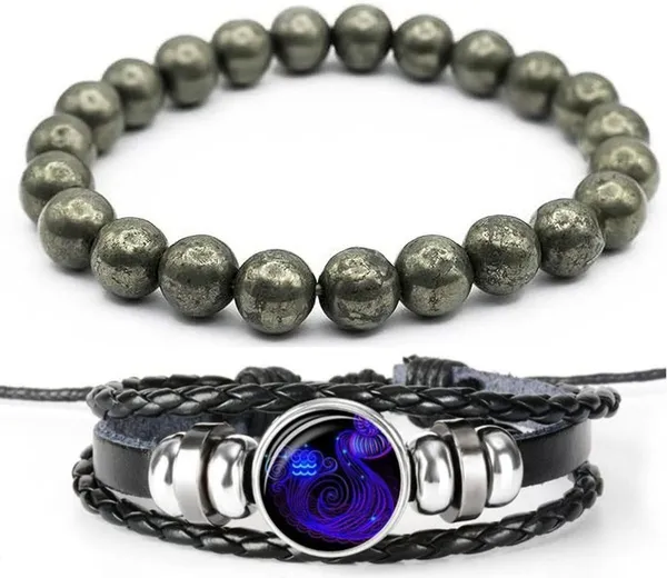 Multiagate_Pyrite,_Leather_Bracelet_Set_(Pack_of_2)