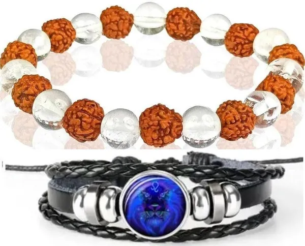 Multiagate_Rudraksha,_Clear_Quartz,_Leather_Bracelet_Set_(Pack_of_2)