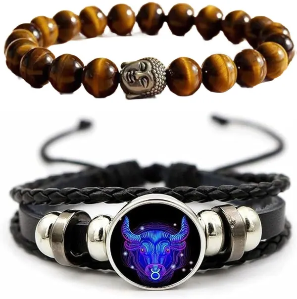 Multiagate_Tiger's_Eye,_Leather_Bracelet_Set_(Pack_of_2)