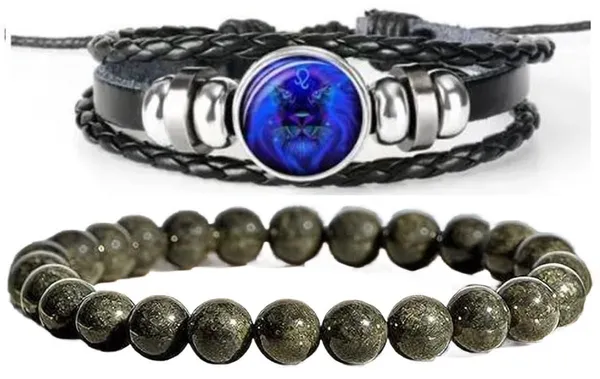 Multiagate_Pyrite,_Leather_Bracelet_Set_(Pack_of_2)
