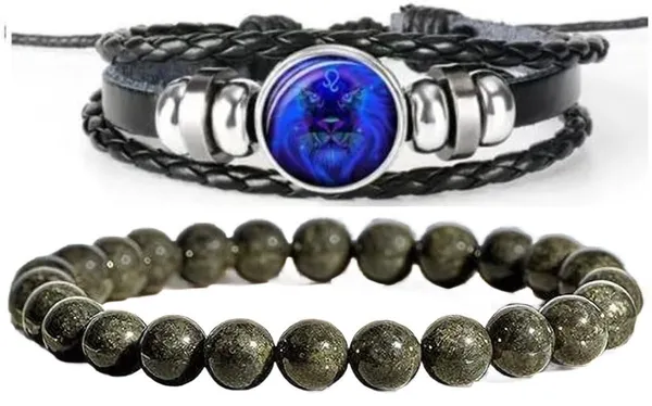 Multiagate_Pyrite,_Leather_Bracelet_Set_(Pack_of_2)