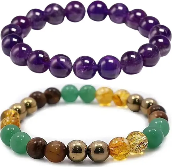 Multiagate_Pyrite,_Green_Aventurine,_Amethyst,_Citrine_+_Golden,_Golden_Pyrite,_Crystal,_Tiger's_Eye_Bracelet_Set_(Pack_of_2)