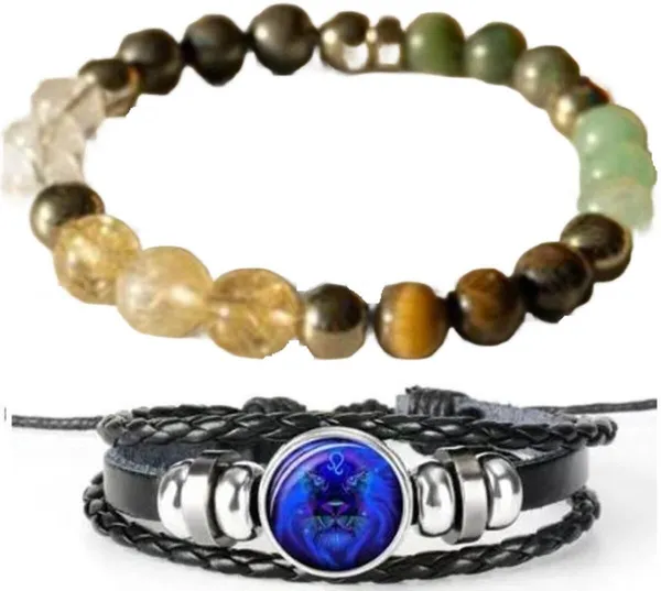 Multiagate_Pyrite,_Stone,_Green_Aventurine,_Amethyst,_Crystal,_Tiger's_Eye,_Citrine,_Leather,_Green_Jade_Bracelet_Set_(Pack_of_2)