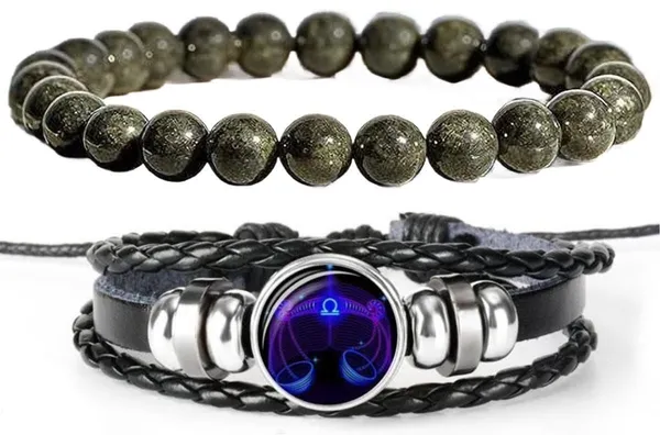 Multiagate_Pyrite,_Leather_Bracelet_Set_(Pack_of_2)