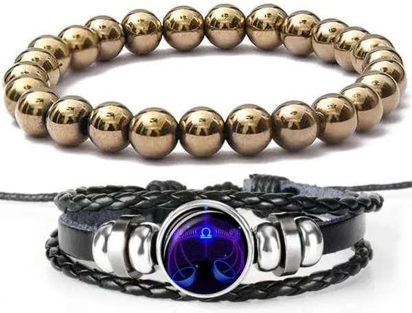 Multiagate_Golden_Pyrite,_Leather_Bracelet_Set_(Pack_of_2)