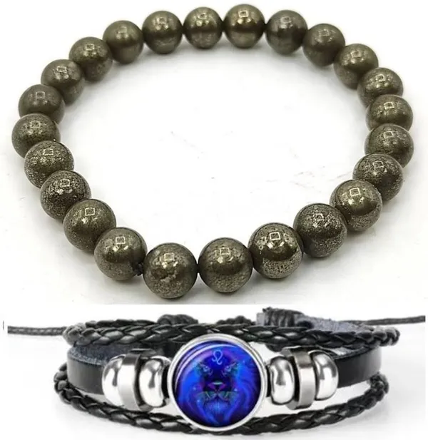 Multiagate_Pyrite,_Leather_Bracelet_Set_(Pack_of_2)
