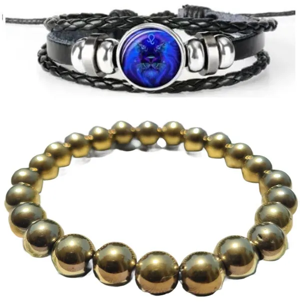 Multiagate_Golden_Pyrite,_Leather_Bracelet_Set_(Pack_of_2)