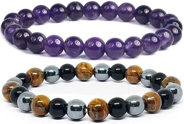 Multiagate_Amethyst,_Crystal,_Tiger's_Eye,_Black_Obsidian_Bracelet_Set_(Pack_of_2)