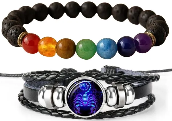 Multiagate_Pyrite,_Stone,_Green_Aventurine,_Amethyst,_Tiger's_Eye,_Lava,_7_Chakra,_Leather,_Green_Jade_Bracelet_Set_(Pack_of_2)