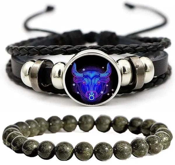 Multiagate_Pyrite,_Leather_Bracelet_Set_(Pack_of_2)