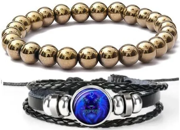 Multiagate_Golden_Pyrite,_Leather_Bracelet_Set_(Pack_of_2)