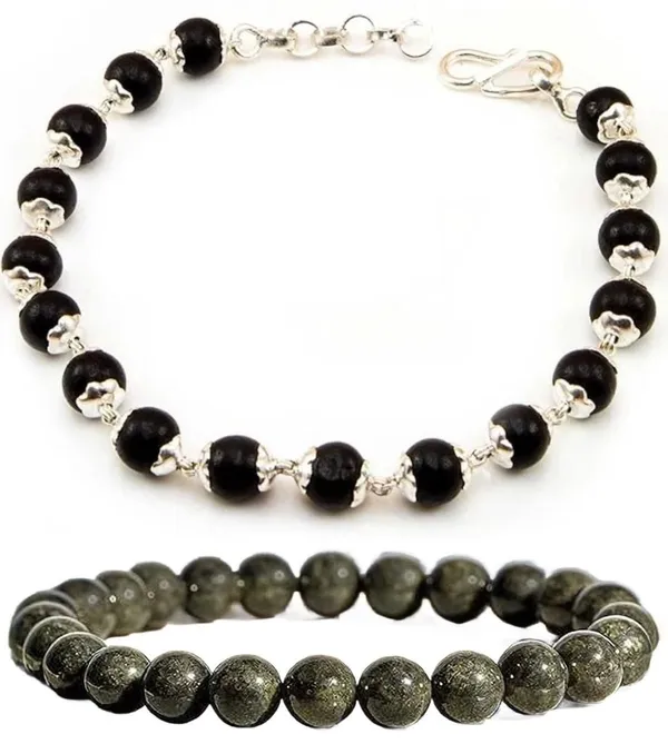 Multiagate_Pyrite,_Wood,_Alloy_Bracelet_Set_(Pack_of_2)