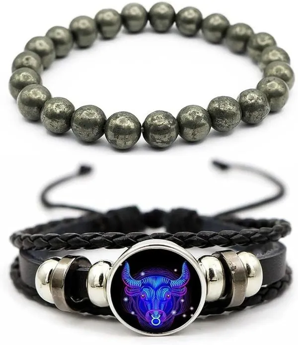 Multiagate_Pyrite,_Leather_Bracelet_Set_(Pack_of_2)