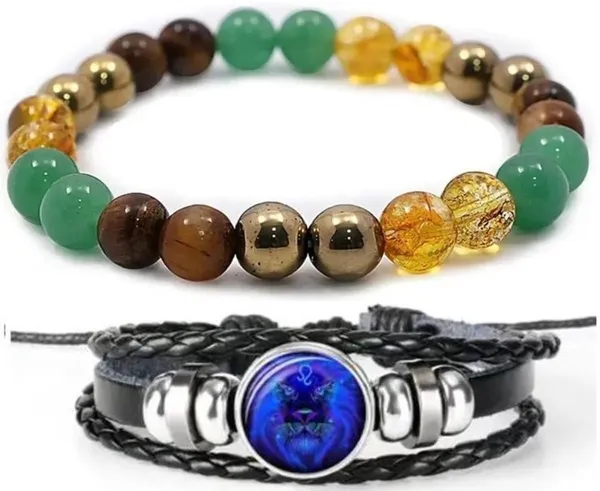 Multiagate_Pyrite,_Green_Aventurine,_Citrine_+_Golden,_Tiger's_Eye,_Leather_Bracelet_Set_(Pack_of_2)