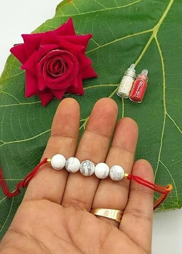 Designer_Howlite_5_Beads_Crystal_Stone_Rakhi|_Rakhi_For_Inner_Calm_and_Focus_Pearl_Rakhi_by_Multiagate_(Real_Gemstone,_Charm_Bracelet,_Crystal_Stone)