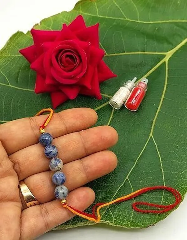Designer_Sodalite_5_Beads_Crystal_Stone_Rakhi|_for_Relaxasion_Communication_and_Glamour_Pearl_Rakhi_by_Multiagate_(Real_Gemstone,_Charm_Bracelet,_Crystal_Stone)