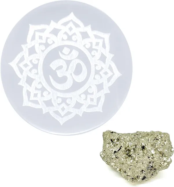 Multiagate_Selenite_Charging_Plate_–_3_Inch_with_10–20_Gram_Raw_Pyrite_Stone_|_Crystal_Decorative_Showpiece__-__4_cm_(Stone,_White)