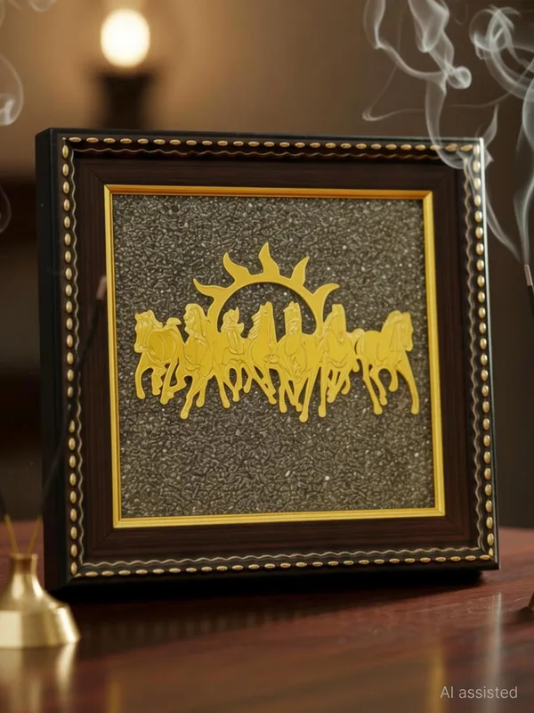 Multiagate_7_Horses_Wall_Decor_on_Raw_Pyrite_Frame_-_Seven_Horses_with_Sun_Decorative_Showpiece__-__17_cm_(Stone,_Gold)