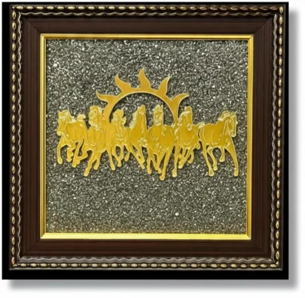 Multiagate_7_Horses_Wall_Decor_on_Raw_Pyrite_Frame_-_Seven_Horses_with_Sun_Decorative_Showpiece__-__17_cm_(Stone,_Gold)