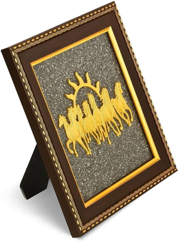 Multiagate_Pyrite_Stone_Frame_with_Vastu_Seven_Running_Horses_with_Sun_Decorative_Showpiece__-__17_cm_(Stone,_Gold)