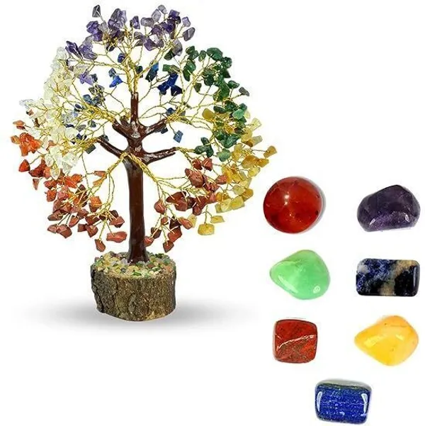 Multiagate_7_Chakra_Tree_300_Beads_with_7_Chakra_Tumble_Stone_Decorative_Showpiece__-__25_cm_(Stone,_Multicolor)