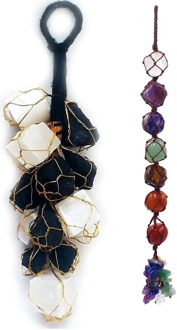 Multiagate_Combo_Black_Tourmaline_and_Selenite_Chunks_Hanging_and_7_Chakra_Tumble_Hanging_Decorative_Showpiece__-__25_cm_(Marble,_Glass,_Black,_White,_Multicolor)