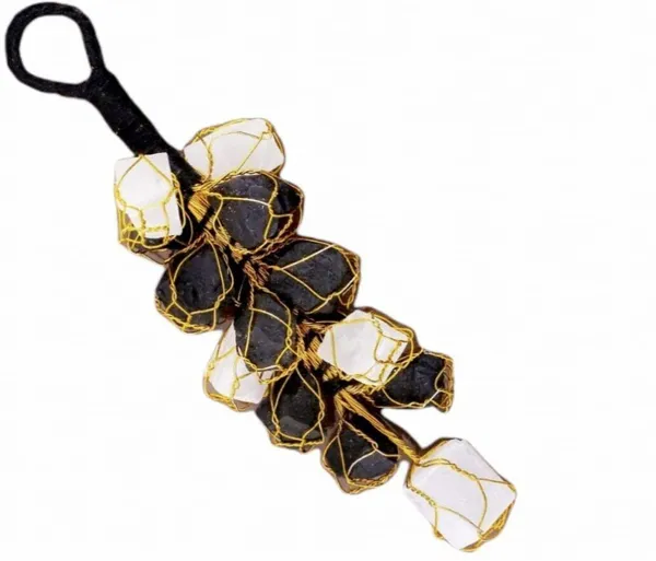 Multiagate_Combo_Black_Tourmaline_and_Selenite_Chunks_Hanging_and_7_Chakra_Tumble_Hanging_Decorative_Showpiece__-__25_cm_(Marble,_Glass,_Black,_White,_Multicolor)