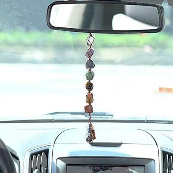 Multiagate_Combo_Black_Tourmaline_and_Selenite_Chunks_Hanging_and_7_Chakra_Tumble_Hanging_Decorative_Showpiece__-__25_cm_(Marble,_Glass,_Black,_White,_Multicolor)