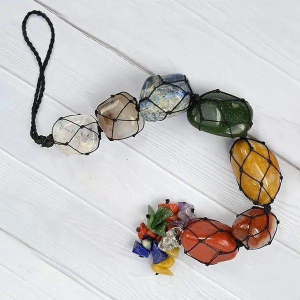 Multiagate_Natural_7_Chakra_Tumble_Stone_with_Crystal_Chip_Beads_for_Car_Hanging_Decorative_Showpiece__-__20_cm_(Stone,_Multicolor)