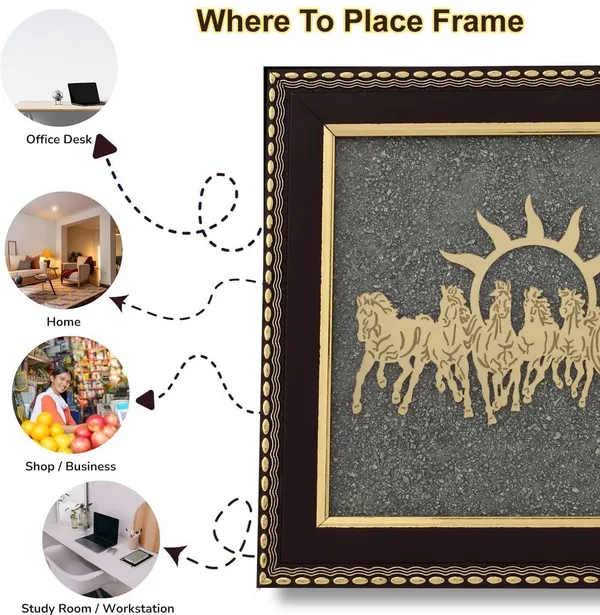 Multiagate_Certified_Original_7_Horses_with_Sun_Pyrite_Frame_Vastu_for_Good_Luck_Decorative_Showpiece__-__17_cm_(Stone,_Gold)