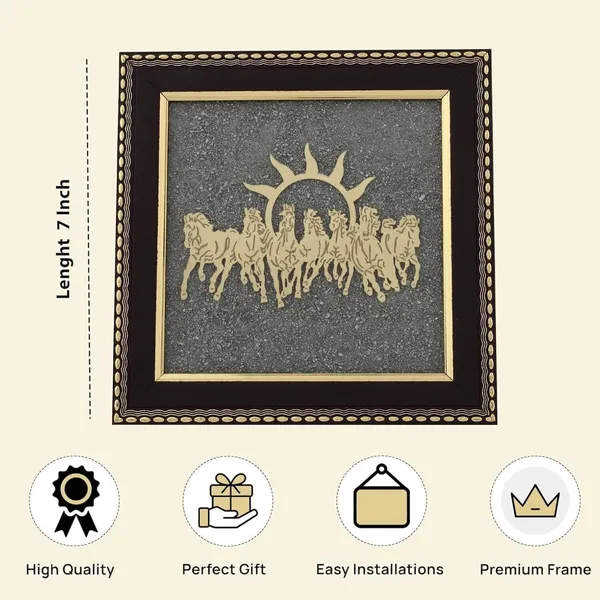 Multiagate_Certified_Original_7_Horses_with_Sun_Pyrite_Frame_Vastu_for_Good_Luck_Decorative_Showpiece__-__17_cm_(Stone,_Gold)