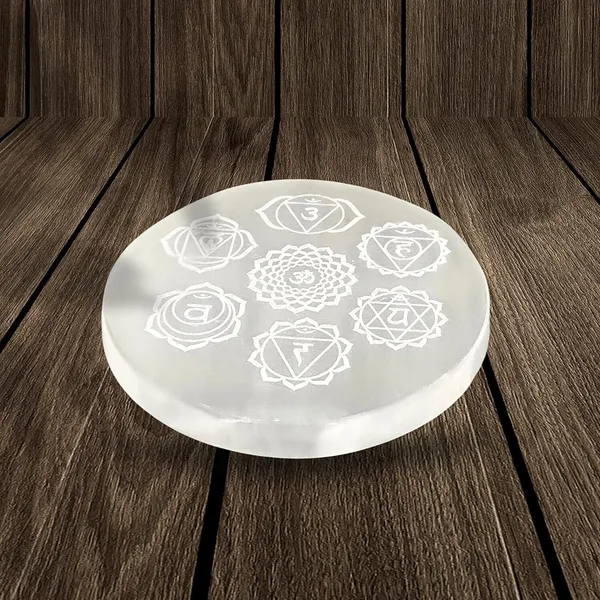 Multiagate_Natural_Selenite_Charging_Plate_II_Seven_Chakra_Symbols_&_Meditative_State_Decorative_Showpiece__-__4_cm_(Stone,_White)