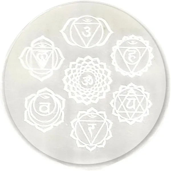 Multiagate_Natural_Selenite_Charging_Plate_II_Seven_Chakra_Symbols_&_Meditative_State_Decorative_Showpiece__-__4_cm_(Stone,_White)