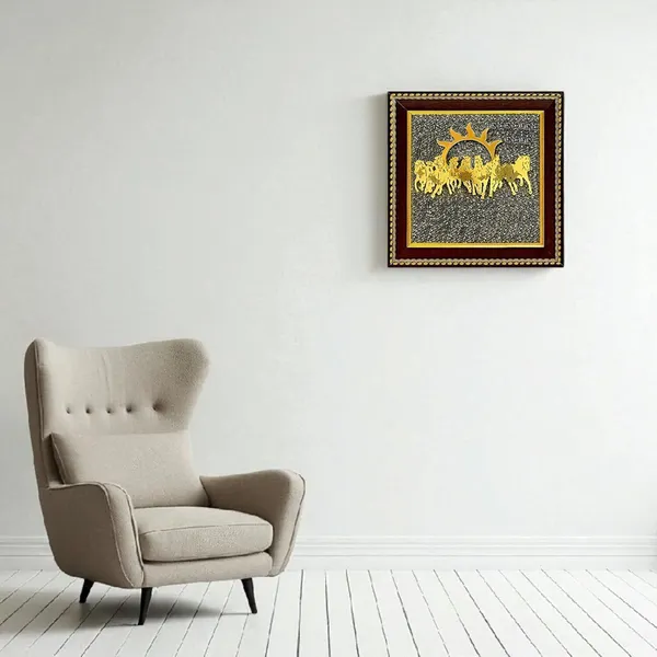 Multiagate_Pyrite_Dust_Frame_With_Vastu_Seven_Running_Horses_with_Sun_Decorative_Showpiece__-__17_cm_(Stone,_Gold)