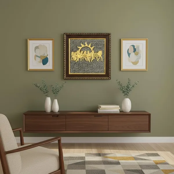Multiagate_Pyrite_Dust_Frame_With_Vastu_Seven_Running_Horses_with_Sun_Decorative_Showpiece__-__17_cm_(Stone,_Gold)