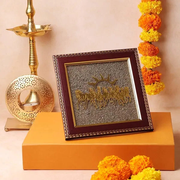 Multiagate_Pyrite_7_Horse_Photo_Frame_with_Rising_Sun_|_Wooden_Wall_Decor_for_Living_Room_Decorative_Showpiece__-__17_cm_(Stone,_Gold)