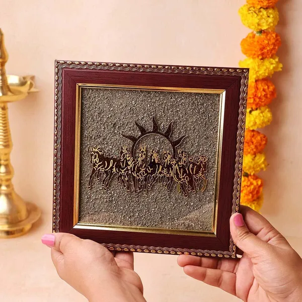 Multiagate_Pyrite_7_Horse_Photo_Frame_with_Rising_Sun_|_Wooden_Wall_Decor_for_Living_Room_Decorative_Showpiece__-__17_cm_(Stone,_Gold)