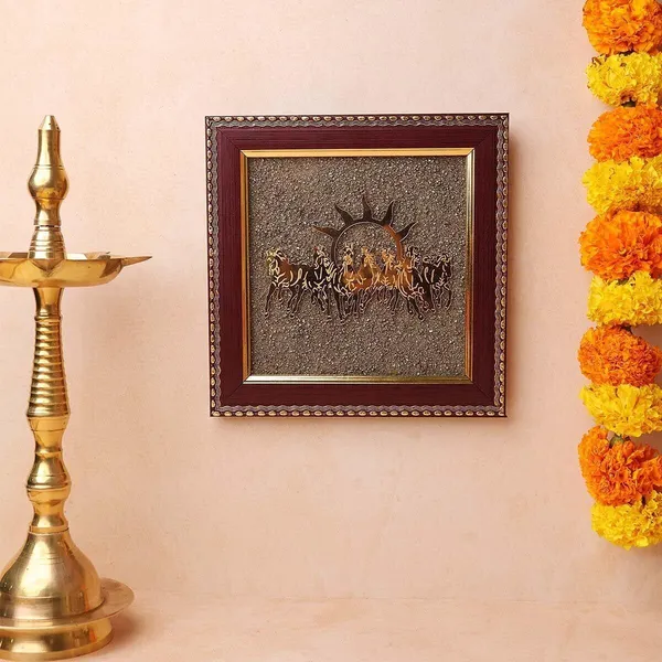 Multiagate_Pyrite_7_Horse_Photo_Frame_with_Rising_Sun_|_Wooden_Wall_Decor_for_Living_Room_Decorative_Showpiece__-__17_cm_(Stone,_Gold)