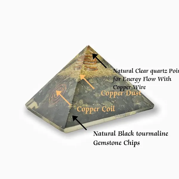 Multiagate_Black_Tourmaline_Orgone_Pyramid_with_Natural_Clear_Quartz_Point_and_Copper_Coil_Decorative_Showpiece__-__8_cm_(Stone,_Black)