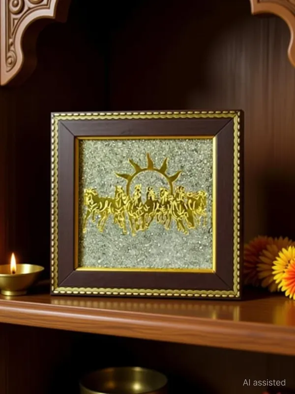 Multiagate_Seven_Horses_on_Raw_Pyrite_Frame_with_Sun_(Vastu)_|_Original_Decorative_Showpiece__-__17_cm_(Stone,_Gold)