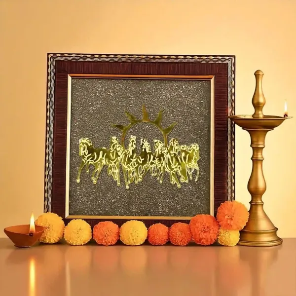 Multiagate_Seven_Horses_on_Raw_Pyrite_Frame_with_Sun_(Vastu)_|_Original_Decorative_Showpiece__-__17_cm_(Stone,_Gold)