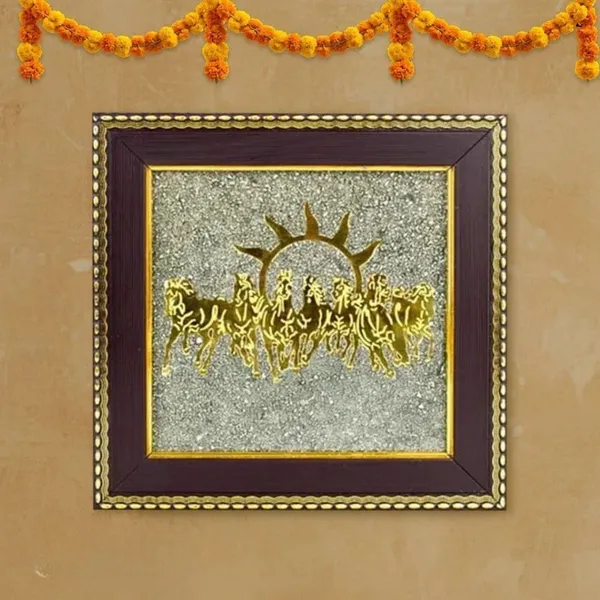 Multiagate_Seven_Horses_on_Raw_Pyrite_Frame_Wooden_Look_Home_&_Living_Room_Decor_Decorative_Showpiece__-__17_cm_(Stone,_Gold)