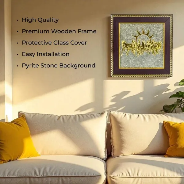Multiagate_Seven_Horses_on_Raw_Pyrite_Frame_Wooden_Look_Home_&_Living_Room_Decor_Decorative_Showpiece__-__17_cm_(Stone,_Gold)