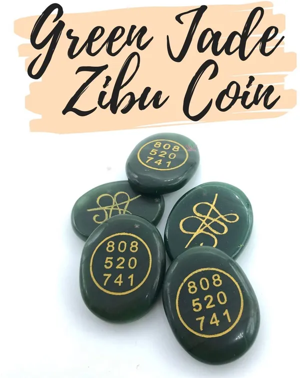 Multiagate_Pack_of_5_Pre-Energized_Green_Jade_Coin_Money_Switch_Word_&_Zibu_Symbol_Stone_Decorative_Showpiece__-__1.5_cm_(Stone,_Green)