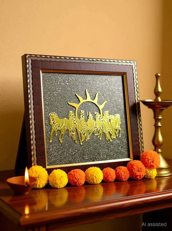 Multiagate_7_Horses_Photo_Frame_on_Raw_Pyrite_Decorative_Showpiece__-__17_cm_(Stone,_Gold)